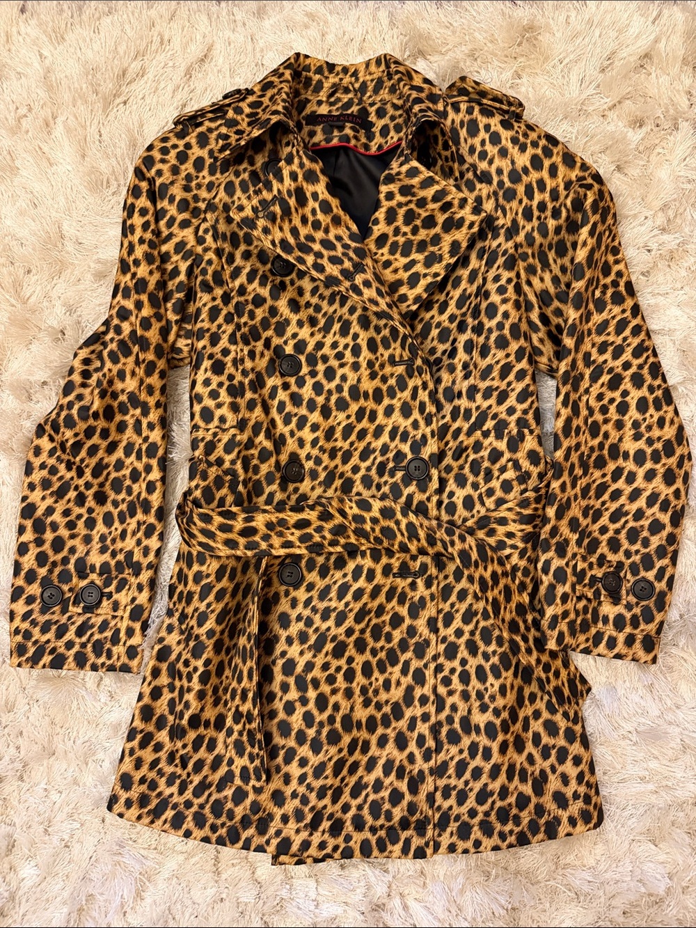 Anne Klein Leopard Print Double-Breasted Trench Coat - Brown & Black